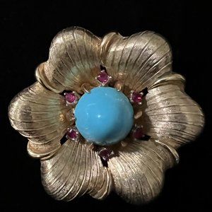 Vintage Gold, Turquoise Center with red crystals,  Flower Brooch